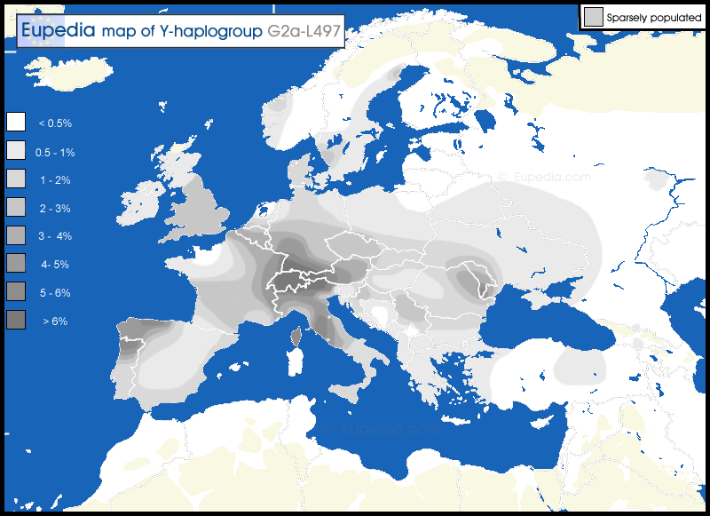 Карта распространения гаплогруппы G2a-L497 в Европе