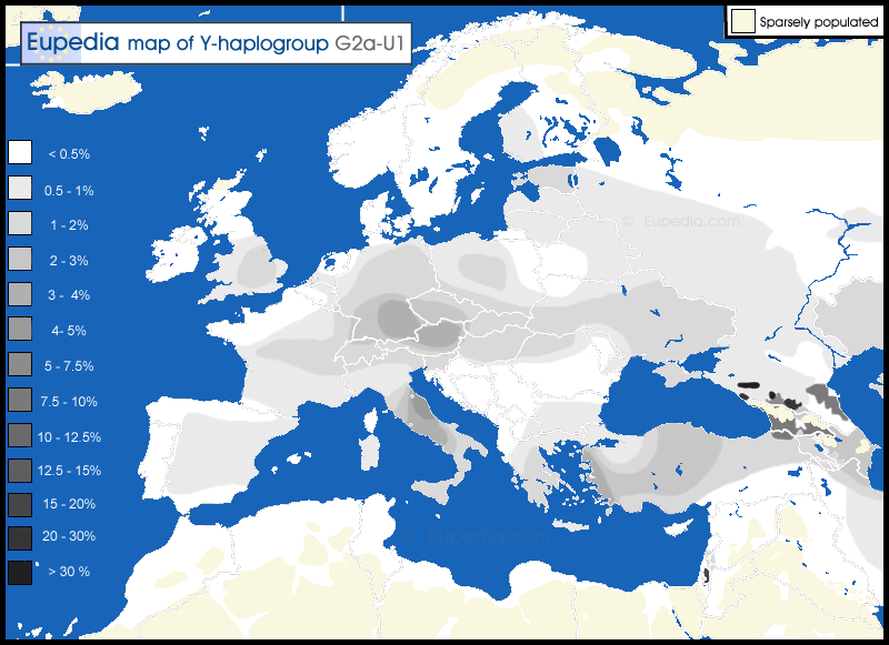 Карта распространения гаплогруппы G2a-U1 в Европе