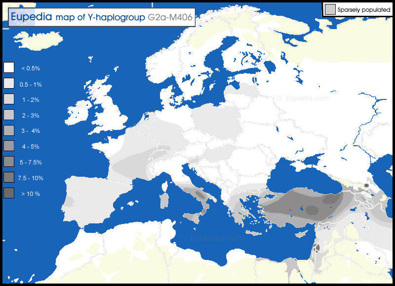 Карта распространения гаплогруппы G2a-M406 в Европе