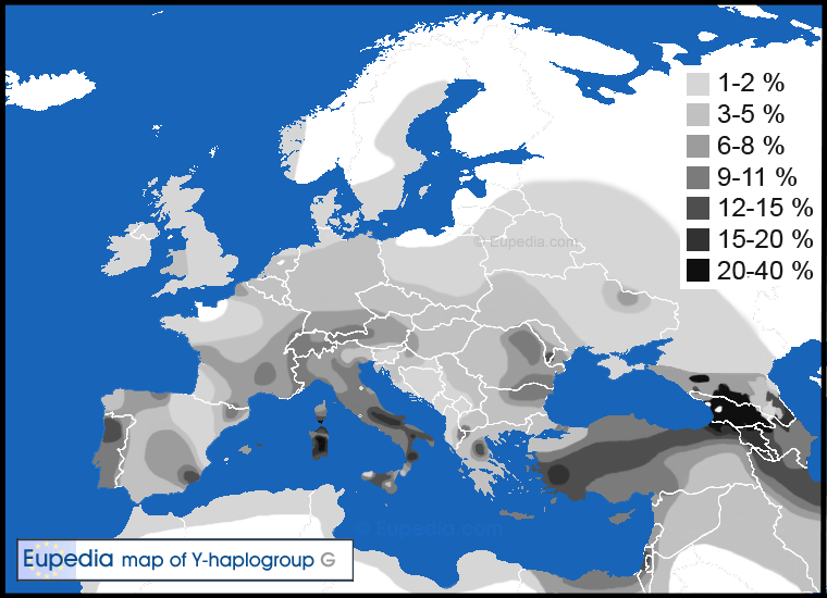 Распределение гаплогруппы G в Европе, Северной Африке и на Ближнем Востоке